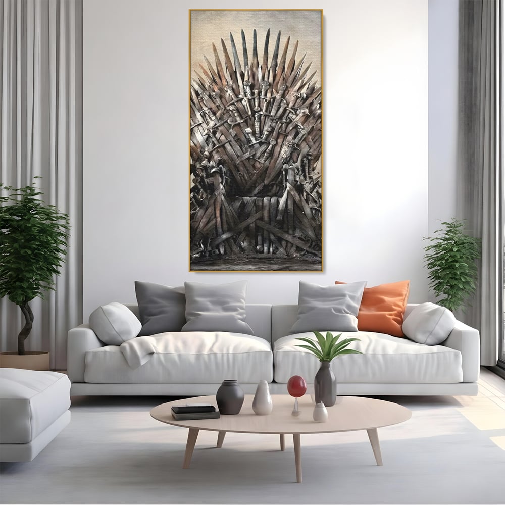 Tablou canvas cu tablou canvas cu tronul din sabii, in rama de aluminiu auriu, pe perete intr-un living
